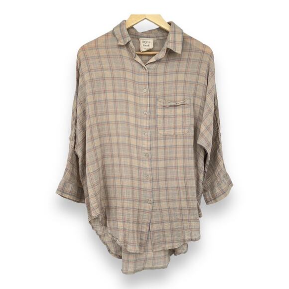 Style Rack Button up Tunic Women's L Gauzy Cotton Tan Blue Plaid Roll Tab Boho - Picture 2 of 9